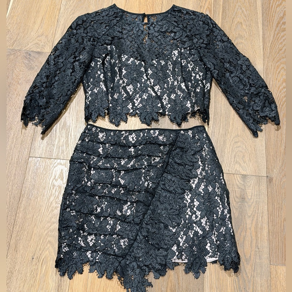 SAYLOR Black Lace Faux Leather Two-Piece Set Party Date Night XS